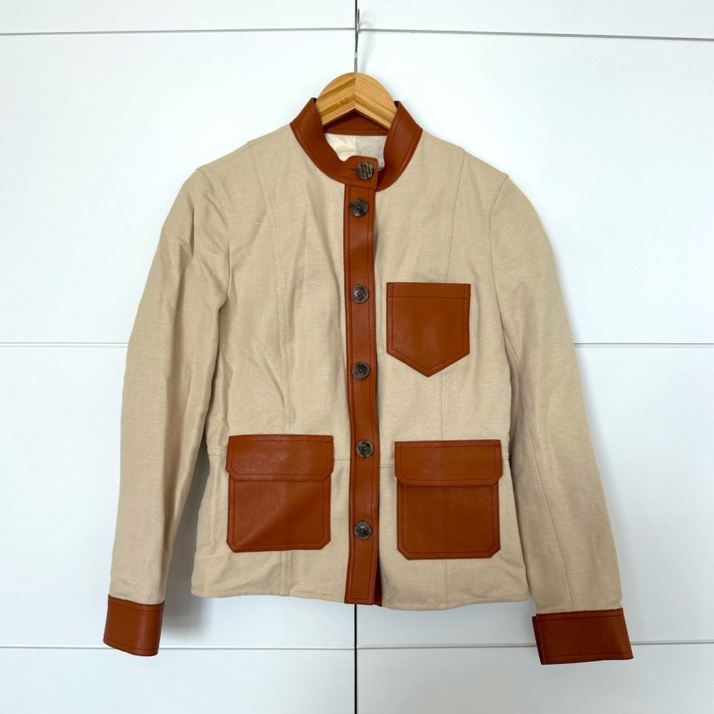 TORY BURCH beige blazer/brown genuine leather embellishments size 4 EUC